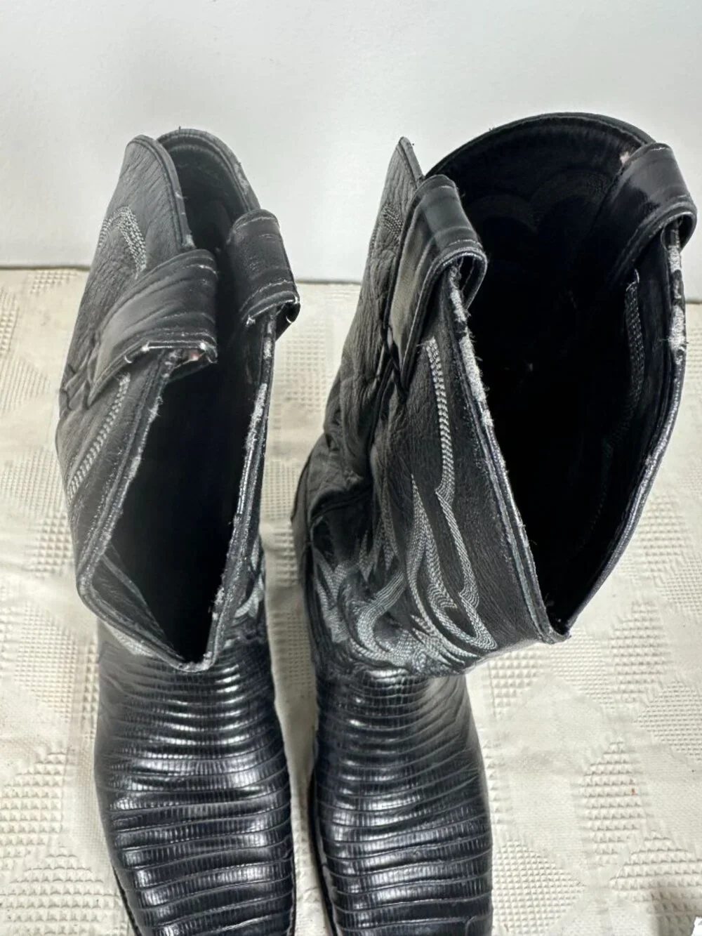 Justin Black Western Cowboy Boots Lizard Print Leather Embroidered Design 13 D